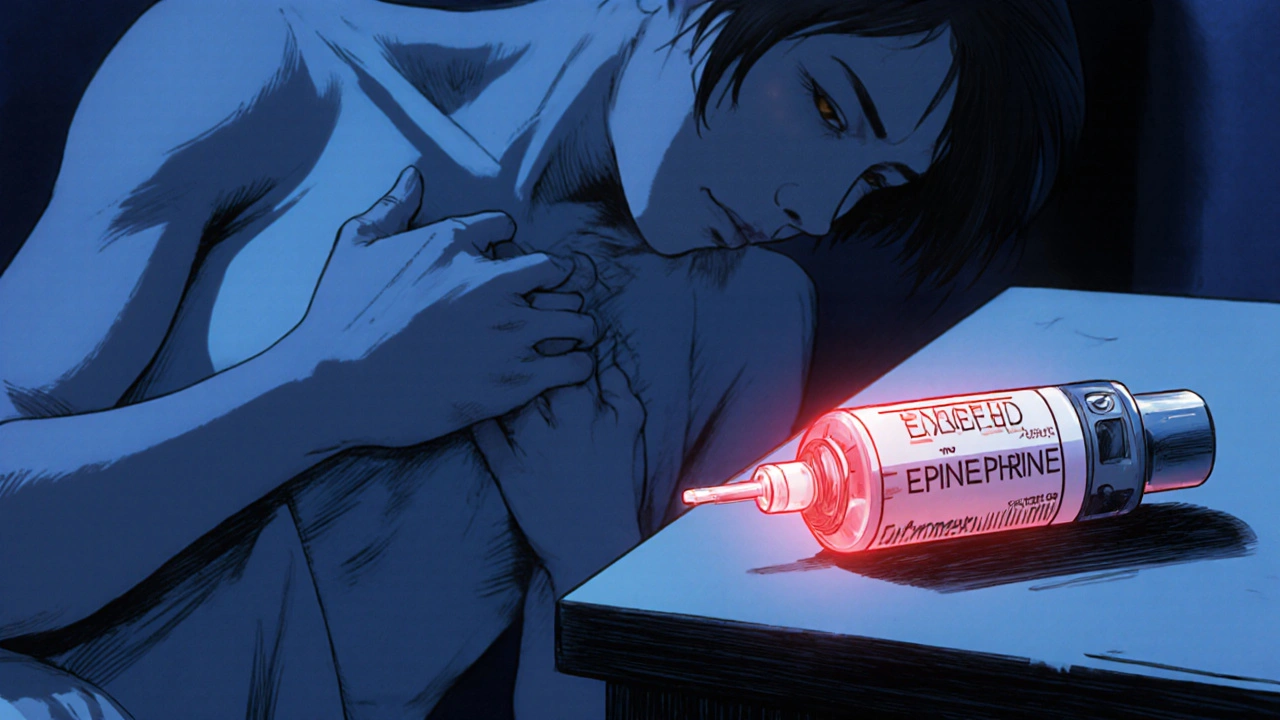 An expired epinephrine injector beside a trembling hand in a dim room.