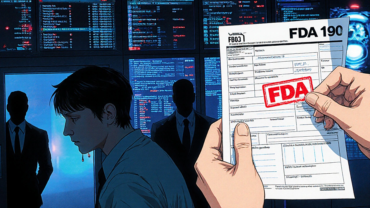 An inspector stamps an FDA Form 483 as digital data errors glow red in the background, revealing a moment of compliance failure.