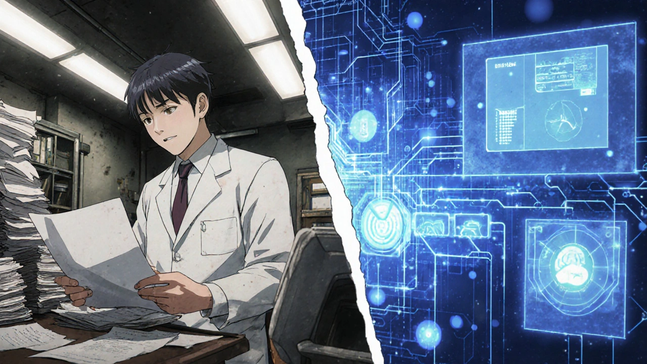 Contrast between manual paper reporting in Tokyo and AI-powered safety analysis in Brussels.