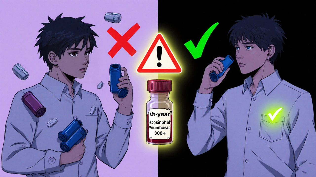 Contrasting images of a confused patient with multiple inhalers versus a calm one using a single device.