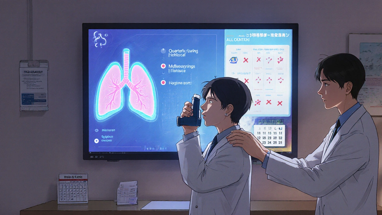 Doctor and pharmacist teaching proper inhaler technique with holographic lung visualization.