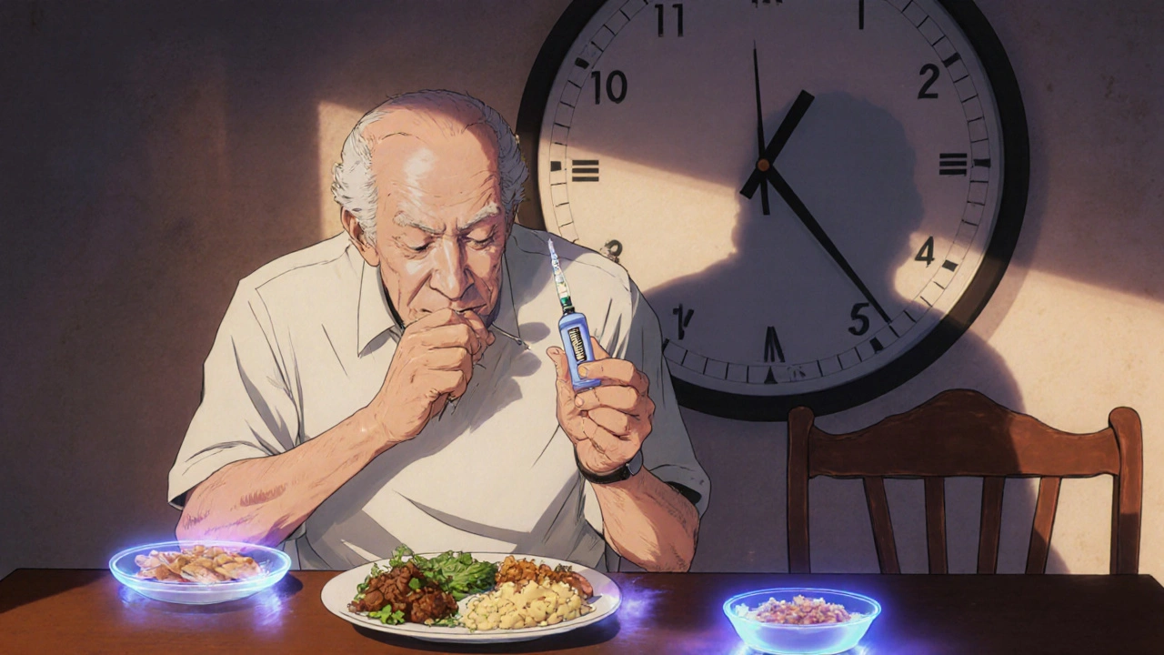 Elderly man injecting premixed insulin at a table with perfectly timed meal, shadowy clock hinting at hypoglycemia risk.
