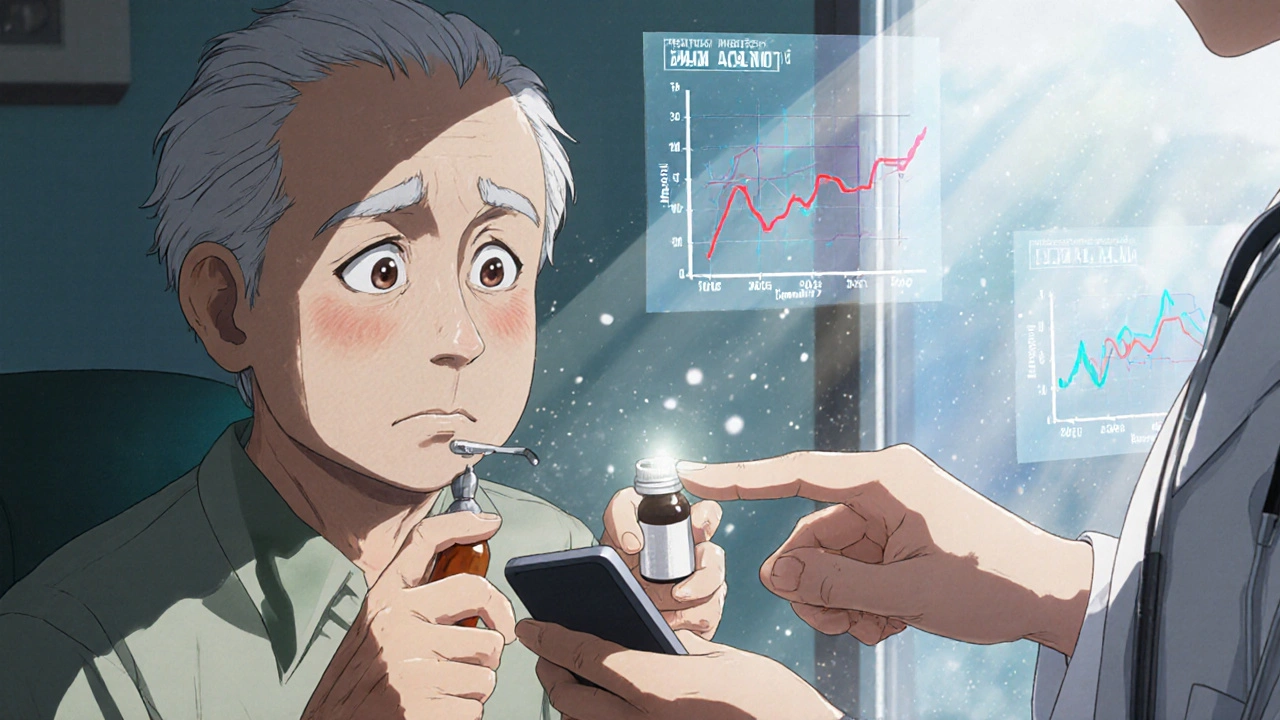 Elderly patient and doctor discussing a generic pill, with bioequivalence data floating in the air.