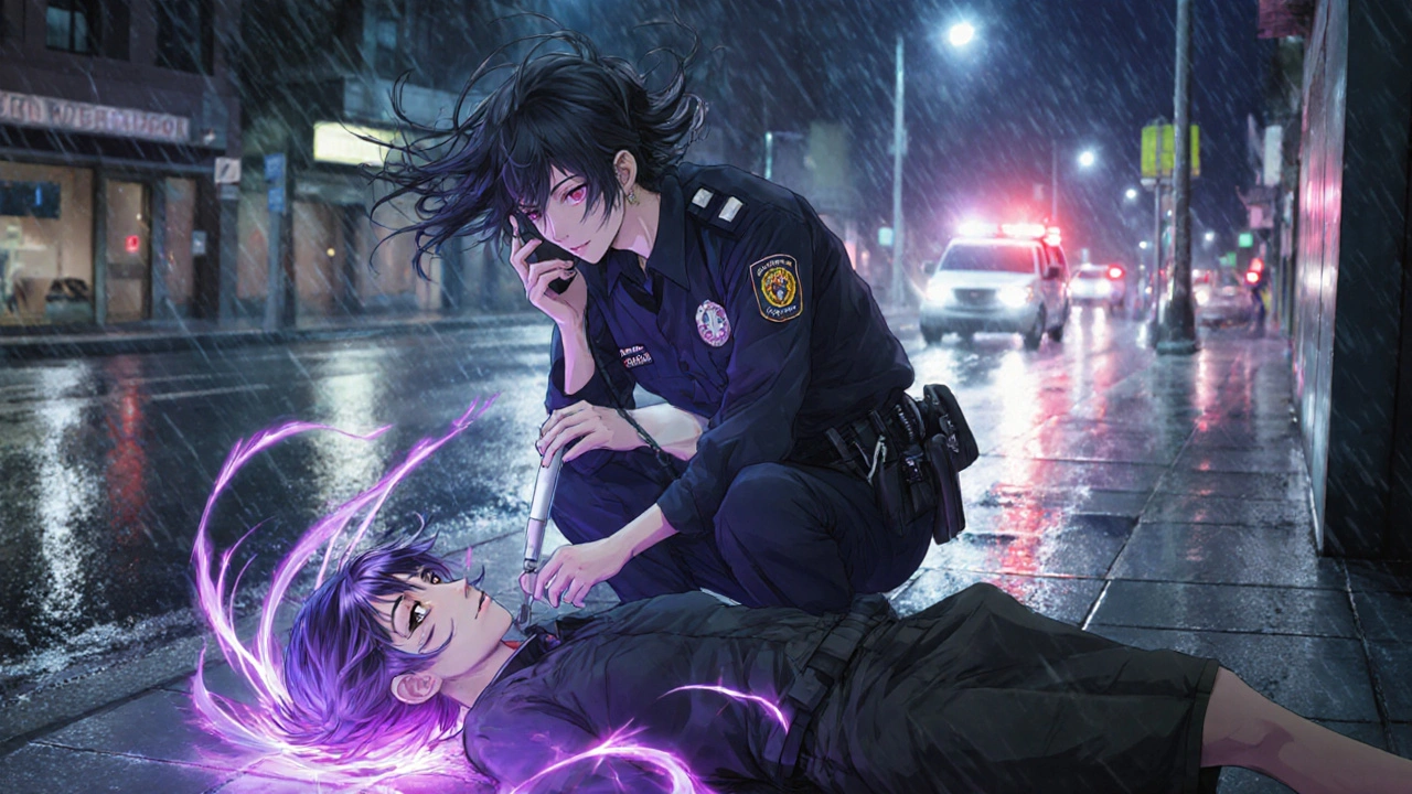 Emergency responder giving EpiPen to collapsed patient under flashing ambulance lights