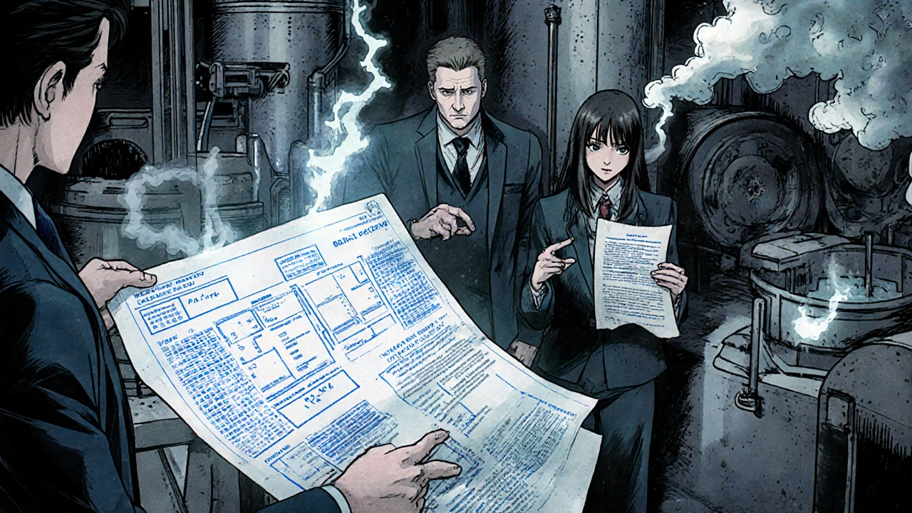 FDA agents compare facility blueprint with production line, holographic discrepancies visible.