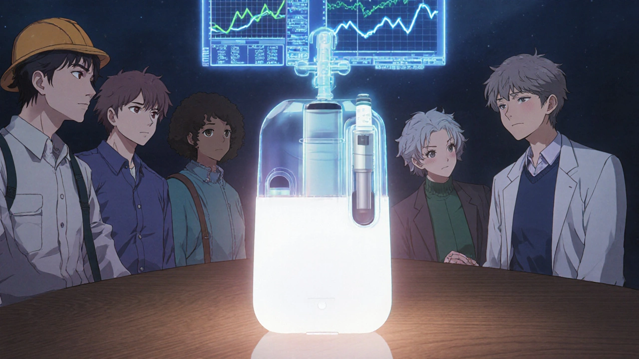 Futuristic insulin device morphing between premixed and basal-bolus systems, with AI glucose trends and diverse users watching.