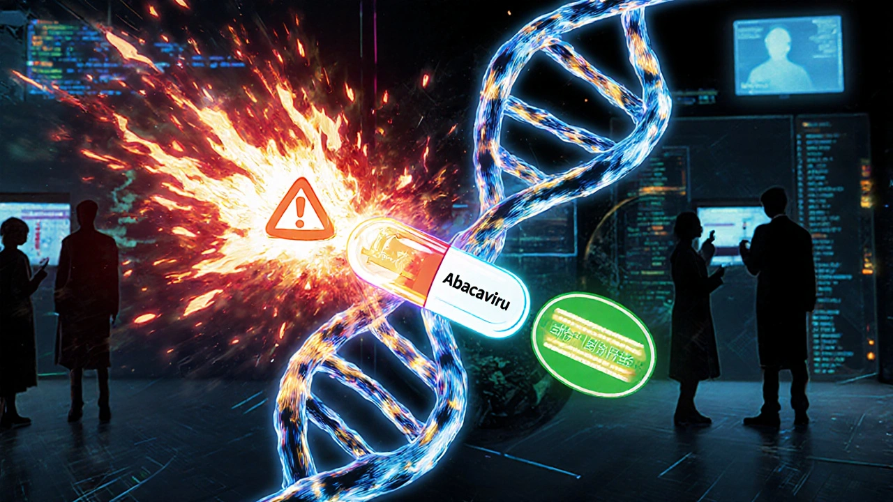 Glowing DNA strand with red mutation triggering explosion beside a pill, symbolizing genetic drug reaction.