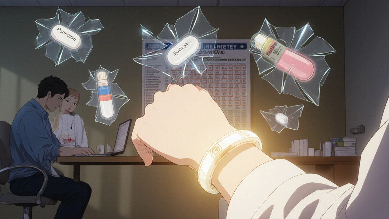 Glowing medical alert bracelet with floating images of allergic medications in clinic setting