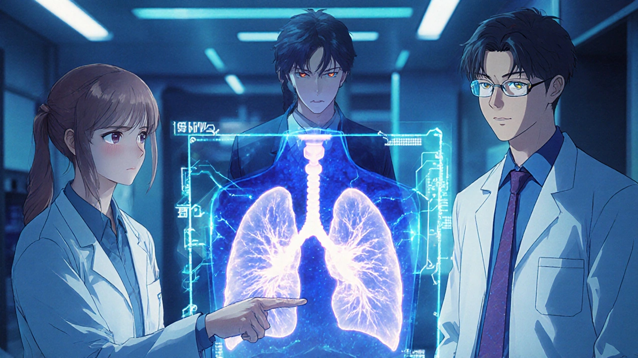 Medical team analyzing a glowing 3D lung scan with AI data overlays in a high-tech hospital room.