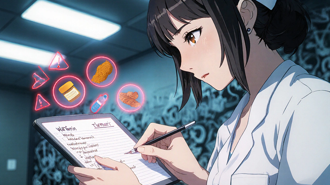 Nurse comparing a medication list with a digital health record, warning icons floating nearby.