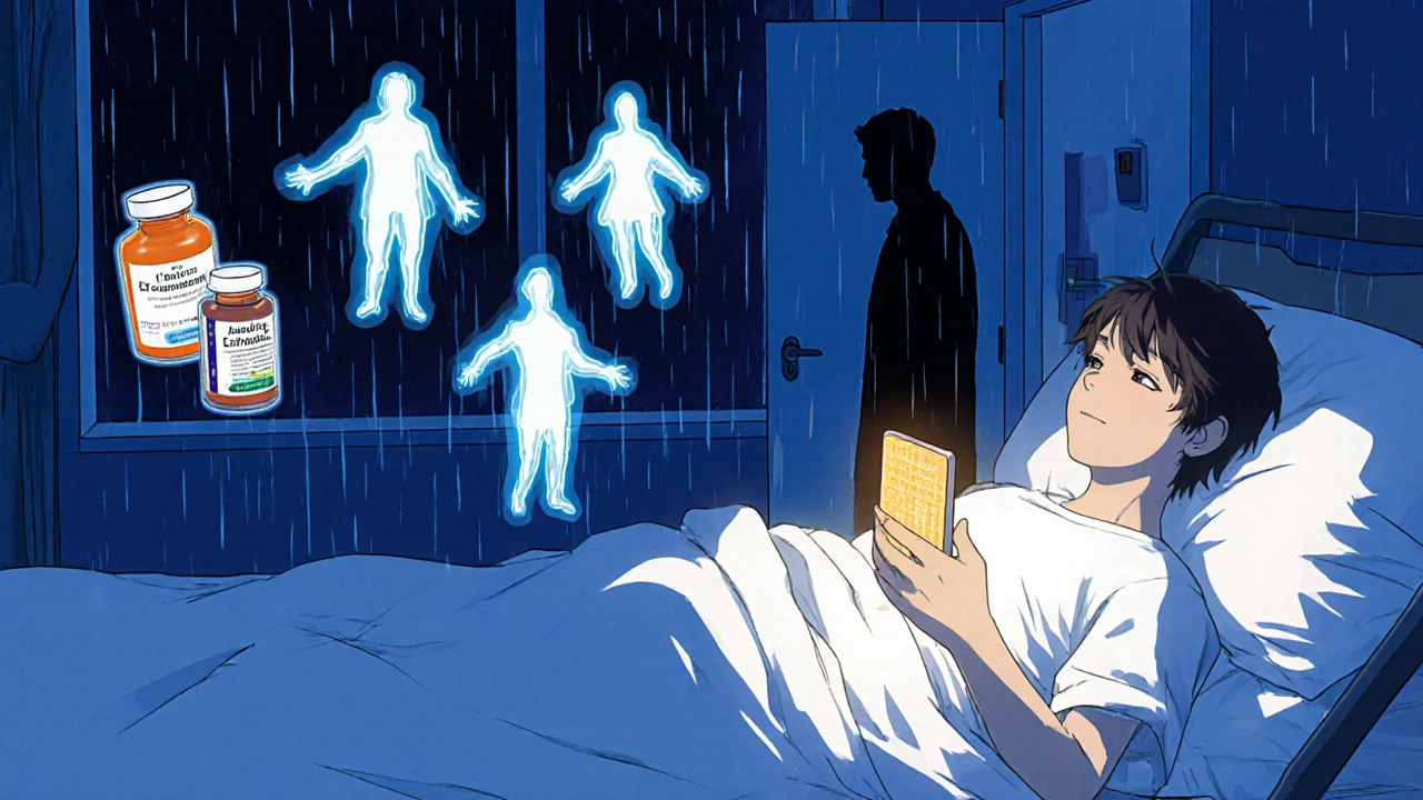 Patient in hospital bed with ghostly supplement figures above, glowing phone in hand.