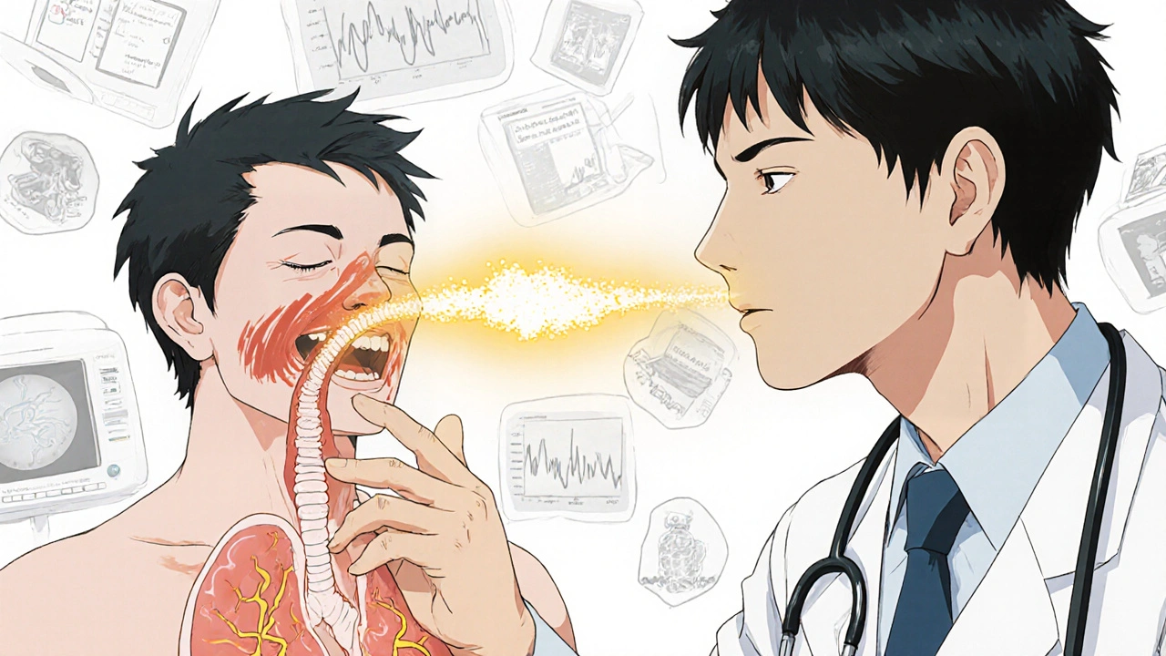 Patient undergoing aspirin desensitization as glowing vapor heals their airways and shrinks nasal polyps.