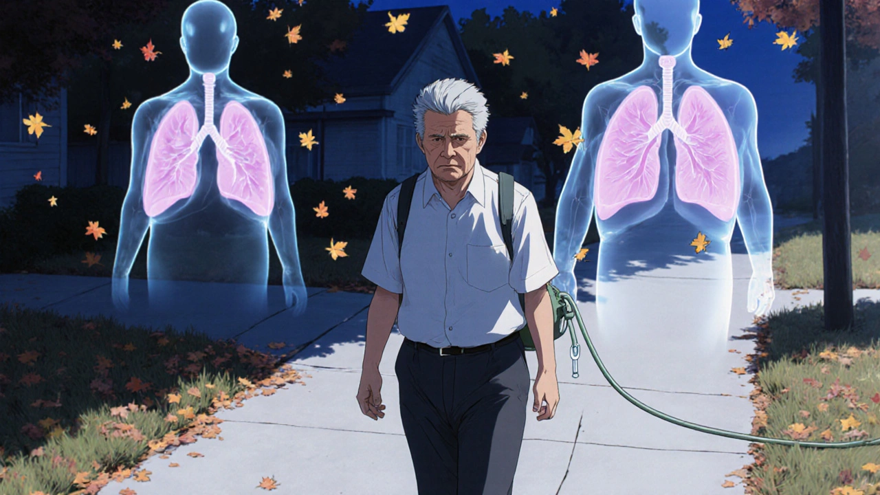 Patient walking with oxygen tank, ghostly healthy lungs fading behind them in a quiet suburban scene.