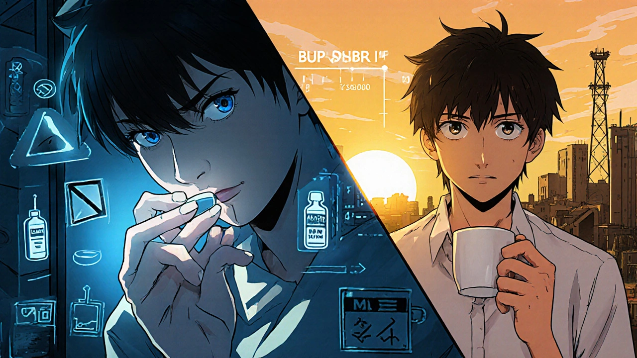 Person holding bupropion pill under harsh light, contrasting with peaceful sunrise scene after 7 days of treatment.