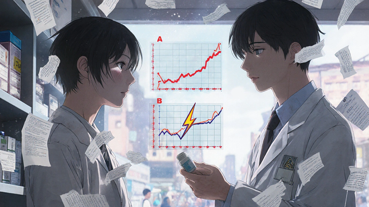 Pharmacist handing prescription as dual overlays show dose-related and unpredictable adverse reactions.