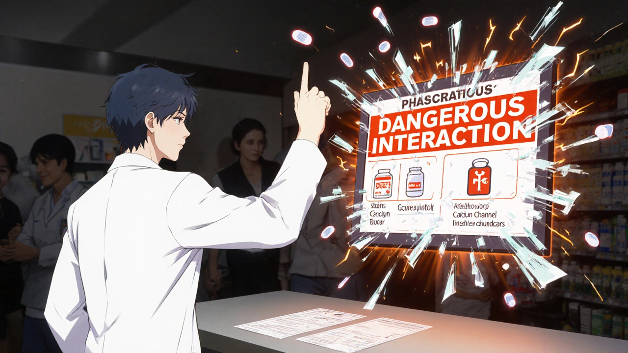 Pharmacist stopping a prescription with a digital alert showing dangerous drug interactions.