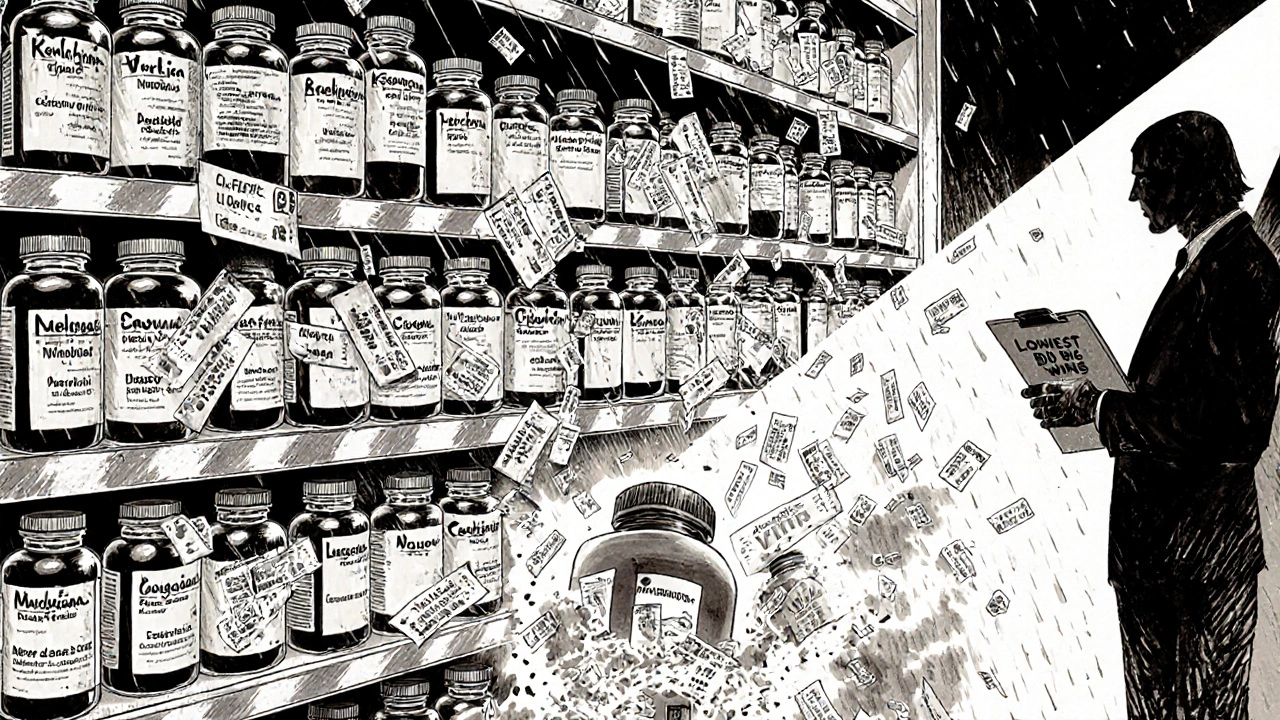 Pharmacy shelf with collapsing price tags as third generic manufacturer enters, PBM watching from shadows.