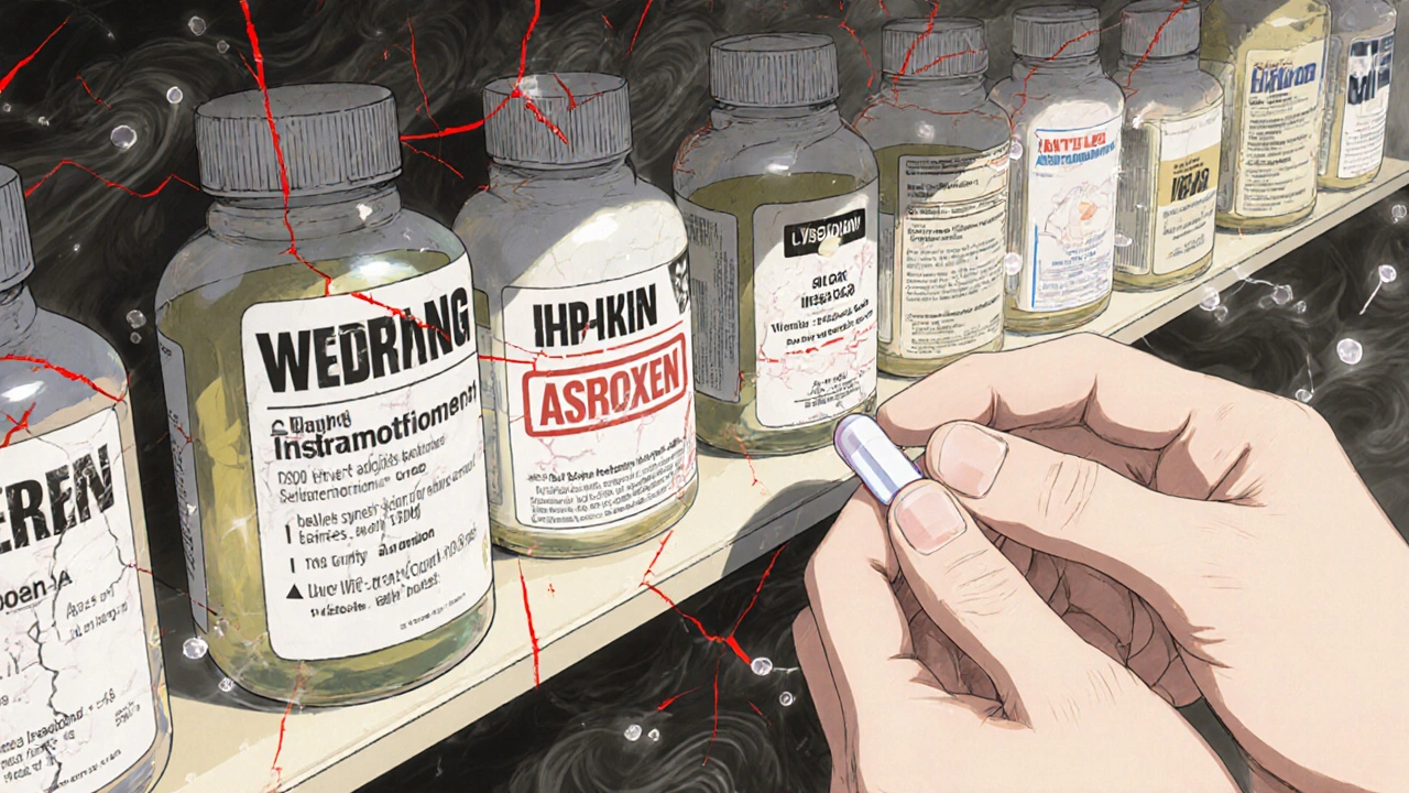 Pharmacy shelf with dangerous NSAIDs radiating warning lines, while a safe acetaminophen pill glows in golden light.