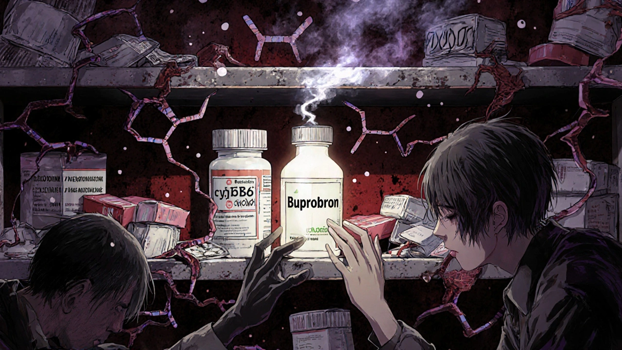 Pharmacy shelf with quitting medications, shadowy figures reaching for bupropion amid glowing enzyme molecules.