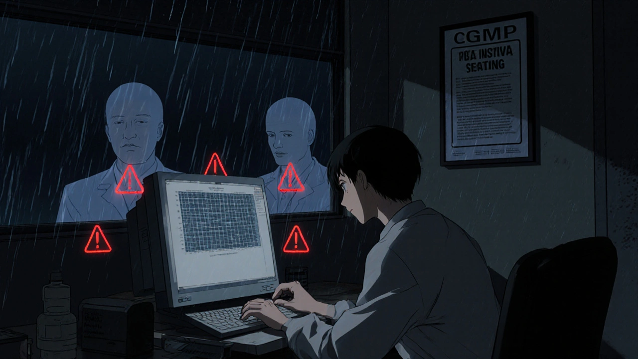 Quality scientist faces moral choice at lab terminal, ghostly FDA figures looming behind.