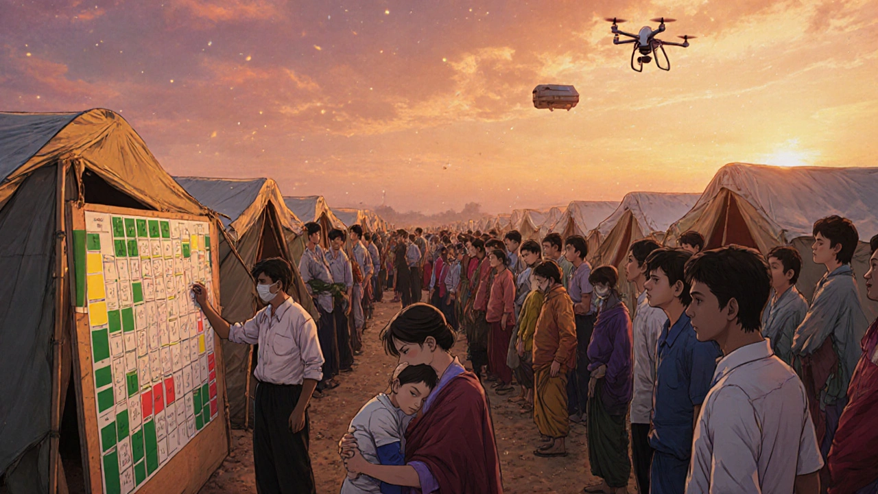 Refugees line up in a camp at dusk as volunteers use color charts to distribute ivermectin, a drone flies overhead.