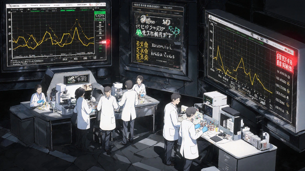 Scientists analyze blood samples in an FDA lab with digital pharmacokinetic graphs on screens.