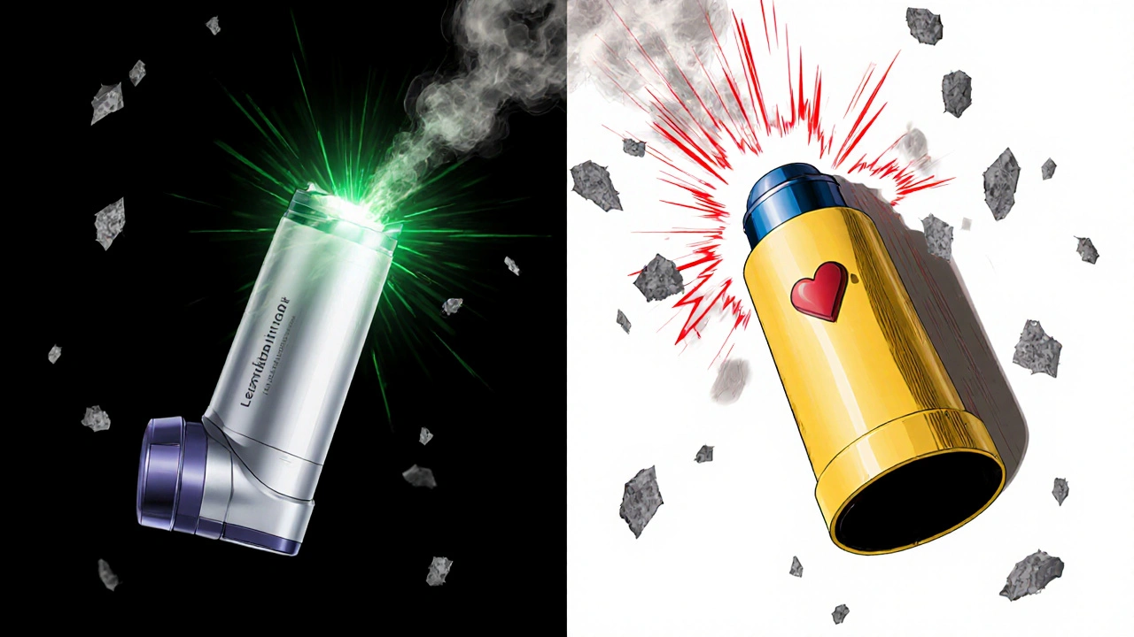 Side-by-side comparison of Levolin and albuterol inhalers with molecular structures showing efficiency differences.