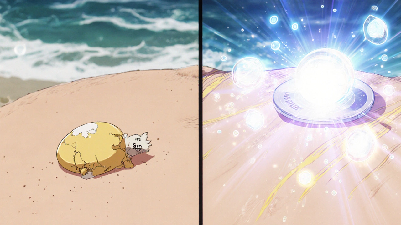 Side-by-side comparison of too little vs. proper sunscreen application with UV rays being blocked.