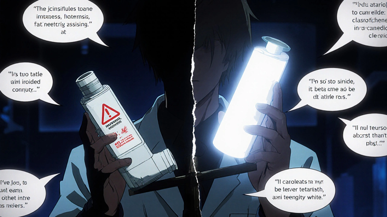 Split image comparing beclomethasone and ciclesonide inhalers with patient testimonials floating around.