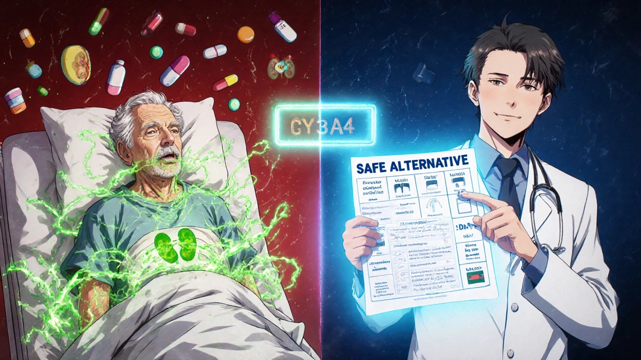 Split image: sick patient with toxic energy vs. healthy patient with safe azithromycin alternative.