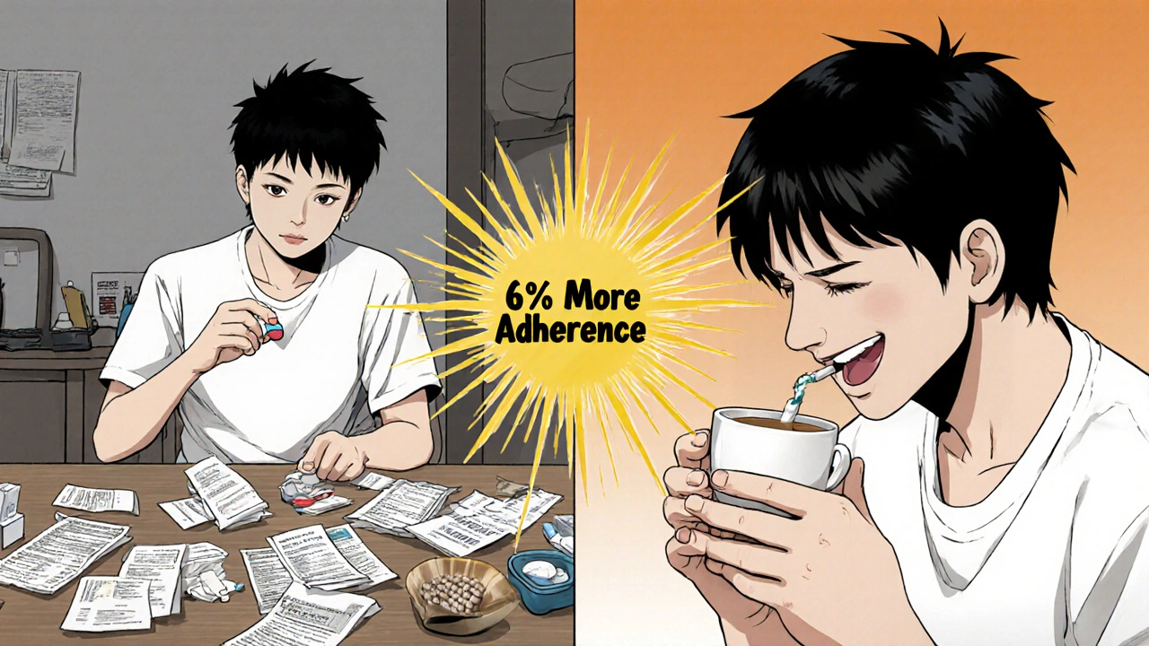 Split scene: patient skipping meds due to cost vs. taking generic pill with calm confidence.