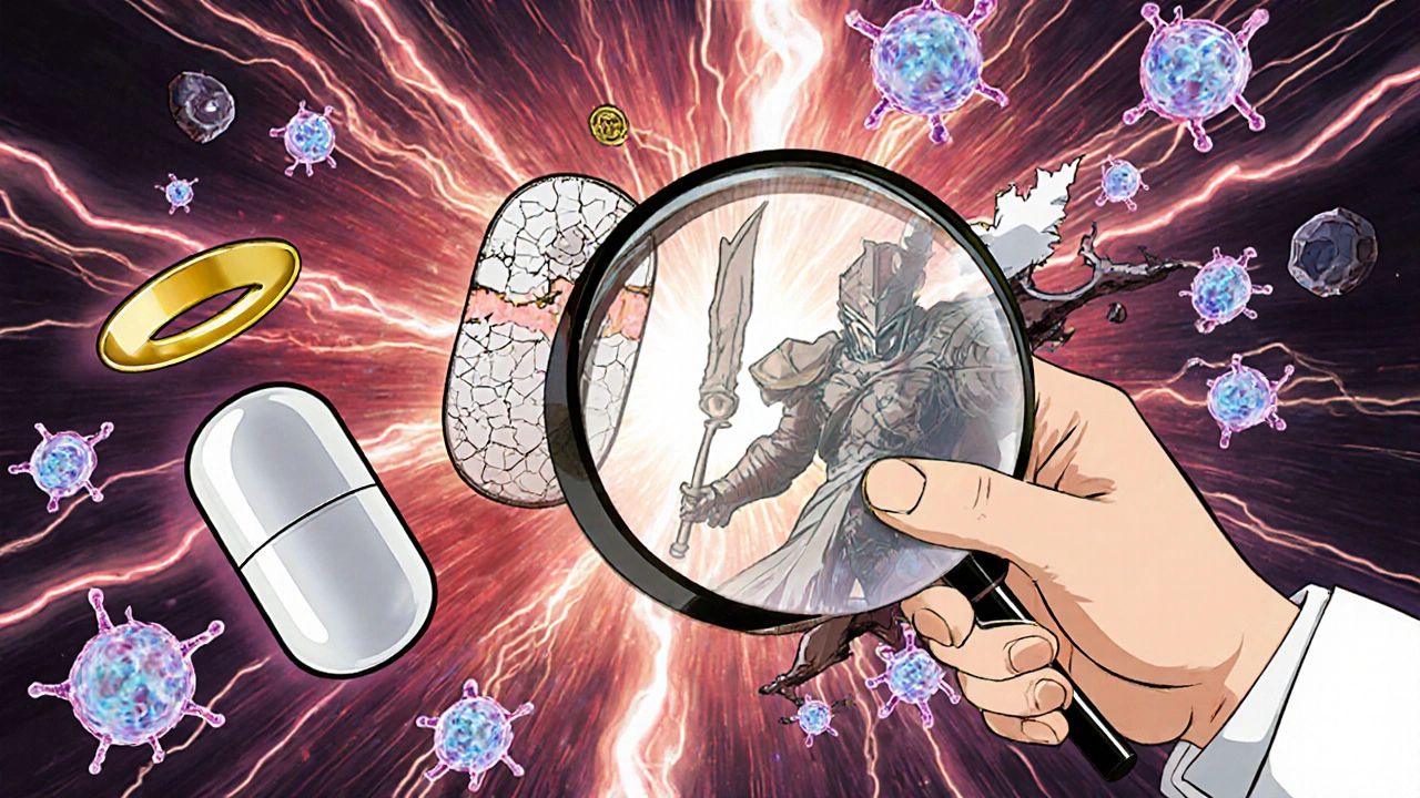 Two HIV pills in symbolic battle, with drug molecules flowing through a bloodstream under a clinician&#039;s magnifying glass.