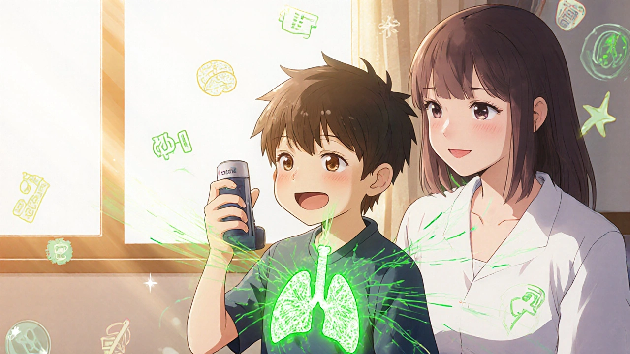 Young boy smiling while using a budesonide inhaler, green energy flowing into his lungs.