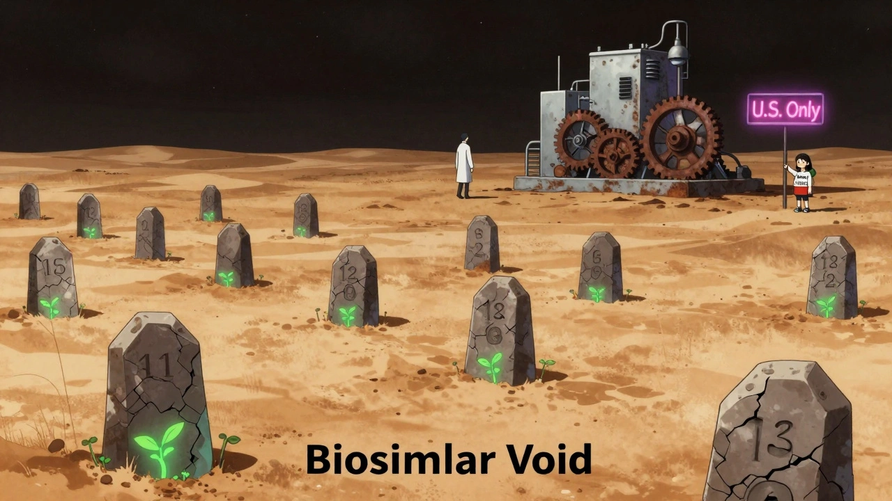 A barren desert of expiring biologics with only 12 sprouts of hope, a child holding an expensive drug bottle.