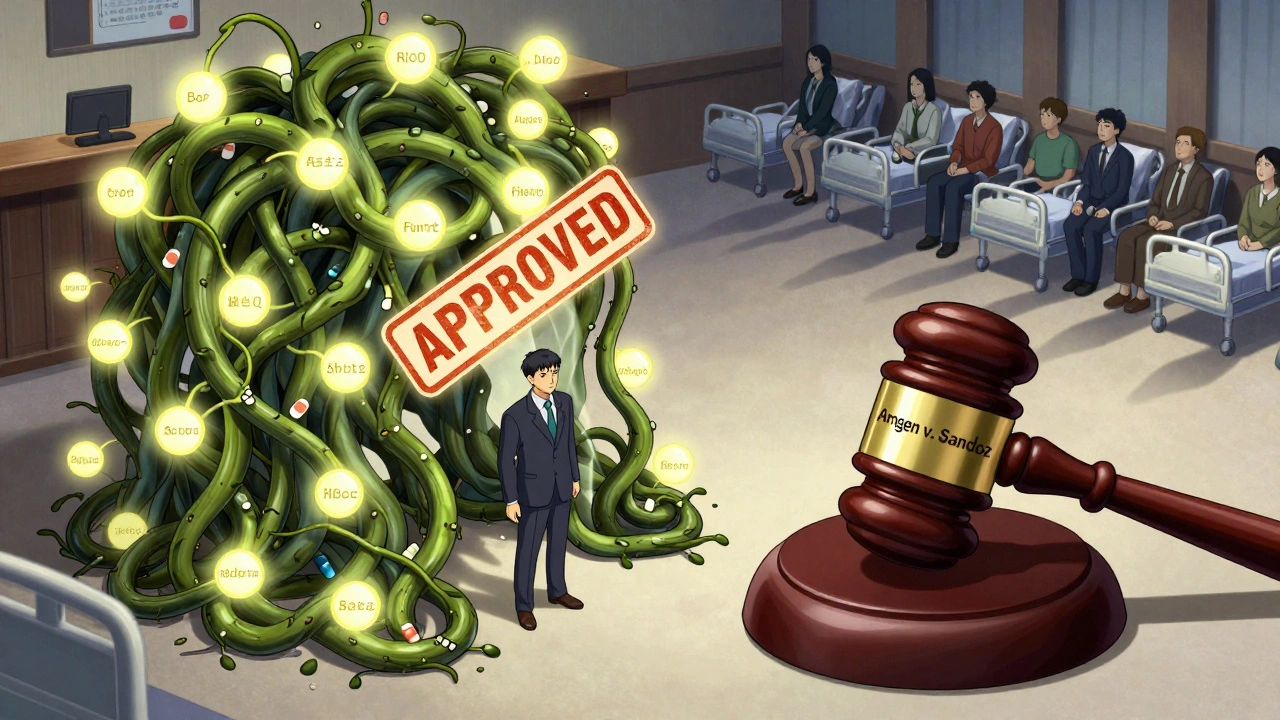 A biosimilar dwarfed by a thicket of 166 patents in a courtroom, with a frozen FDA official and patients in shadow.