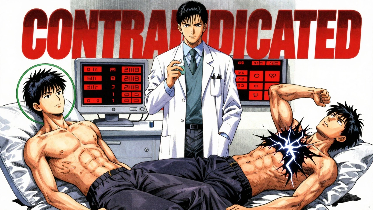 A cardiologist watches as one patient collapses from torsades de pointes while another safely takes famotidine.