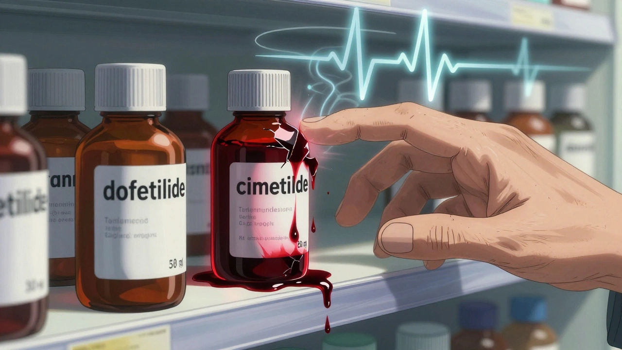 A cracked cimetidine bottle dripping red liquid onto a dofetilide bottle, causing it to glow dangerously on a pharmacy shelf.