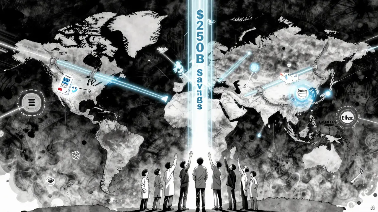 A global map with biosimilar pipelines flowing toward the U.S., icons of drugs breaking free from patent chains.