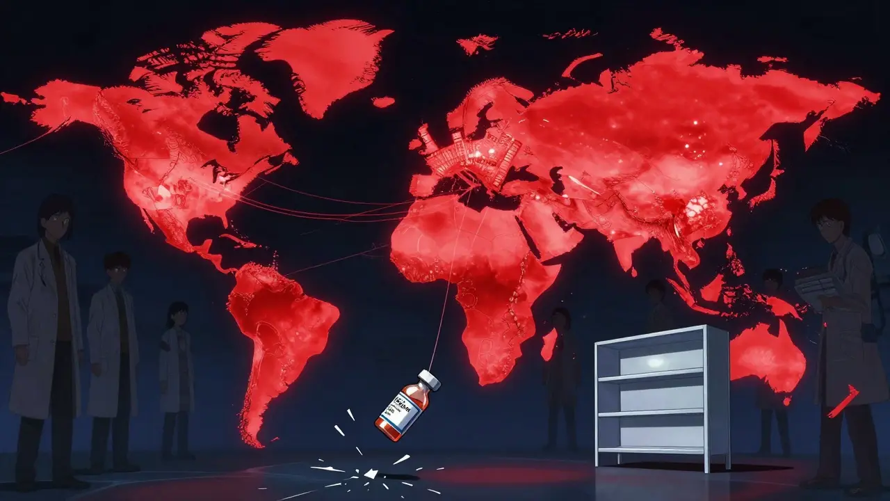 A global supply chain map with snapping threads from China and India to an empty U.S. hospital shelf.