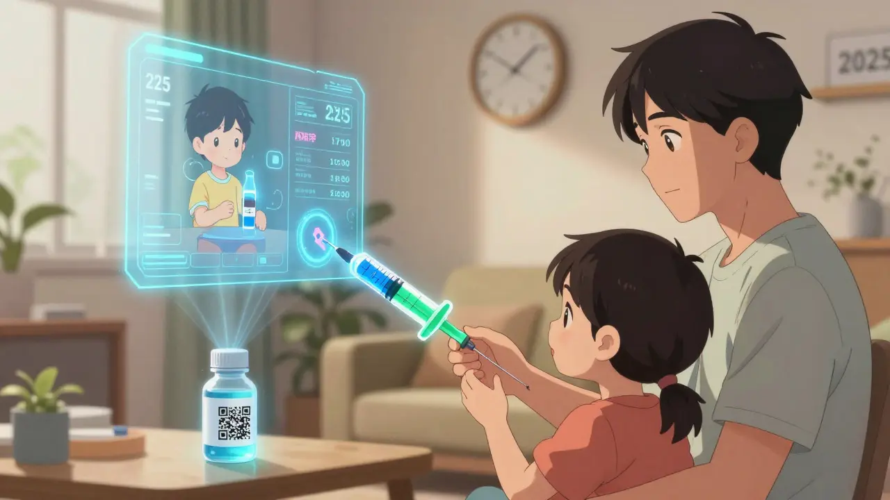 A glowing smart syringe changes color to indicate correct dosing, with holographic health data floating nearby.