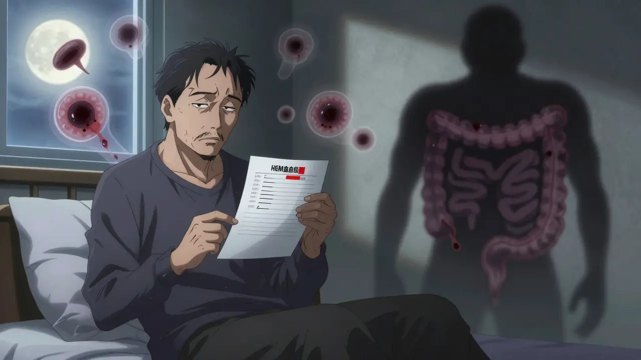A pale man stares at a blood test report while ghostly images of internal bleeding flicker behind him.