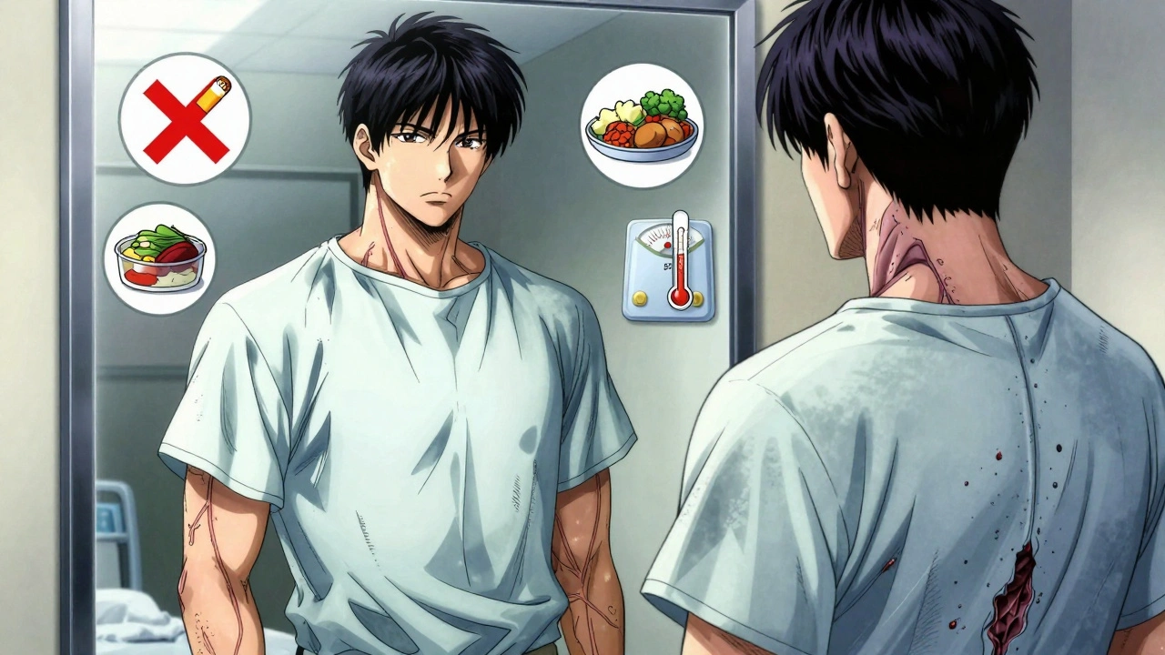 A patient&#039;s split reflection showing healthy vs. compromised healing with icons representing lifestyle factors.