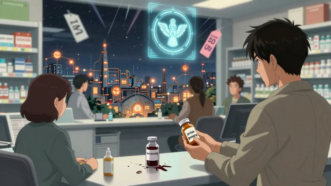 A patient receiving a generic pill as global supply chains and price spikes swirl in the background.