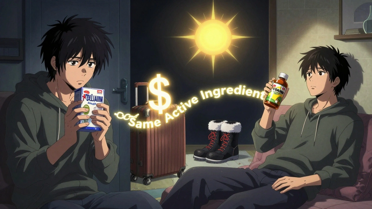 A person switching from expensive brand-name medicine to affordable store brand, with savings manifesting as vacation and home comforts.