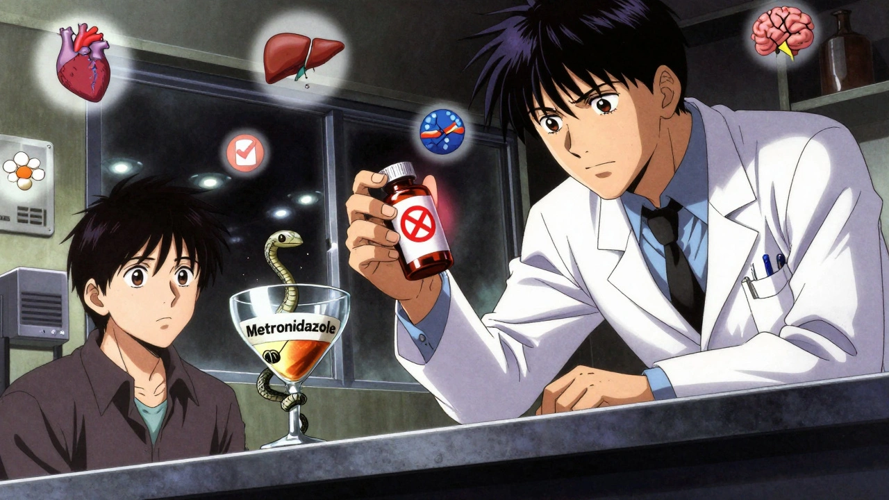 A pharmacist showing a prescription with a red alcohol warning symbol beside a cocktail that turns into a serpent.