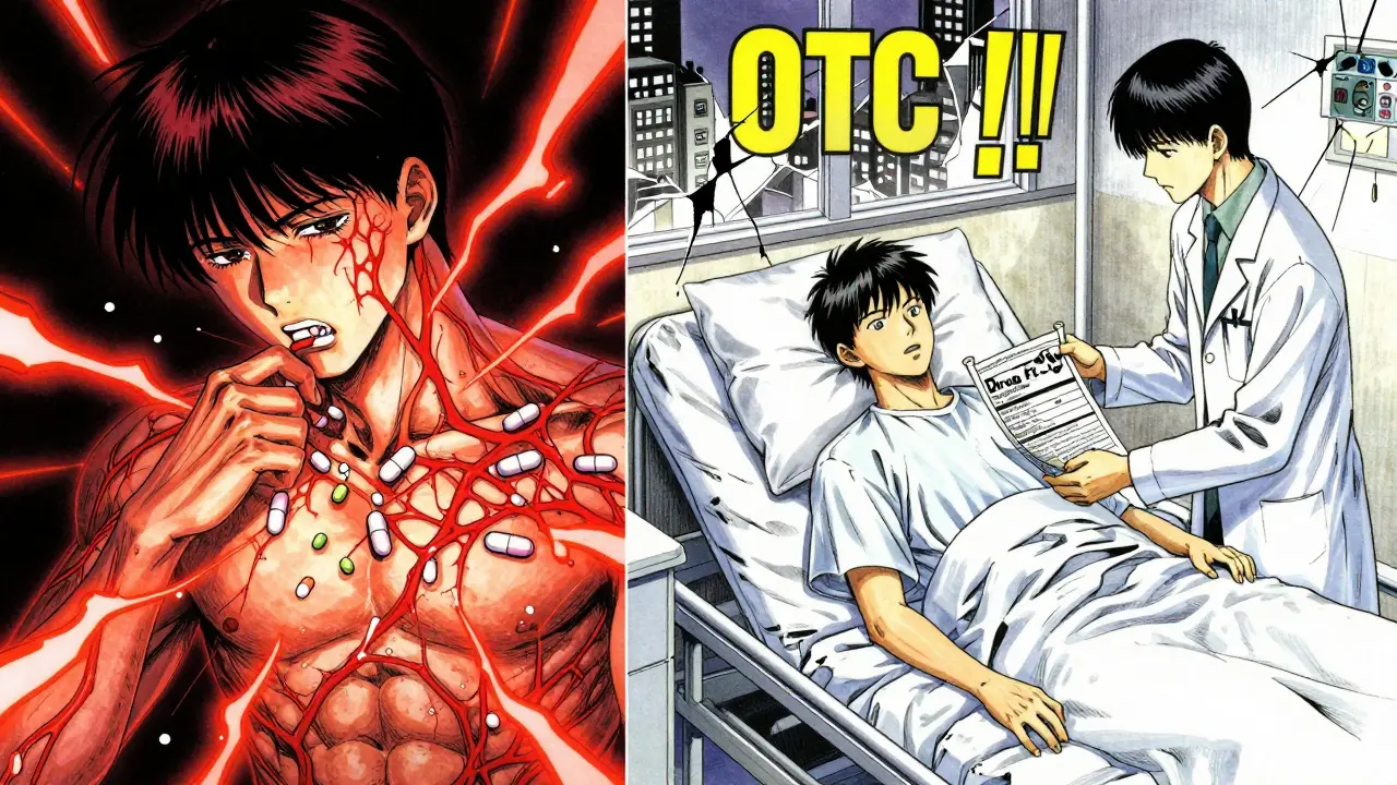 A split scene of overdose symptoms on one side and hospital recovery on the other with medical labels glowing.