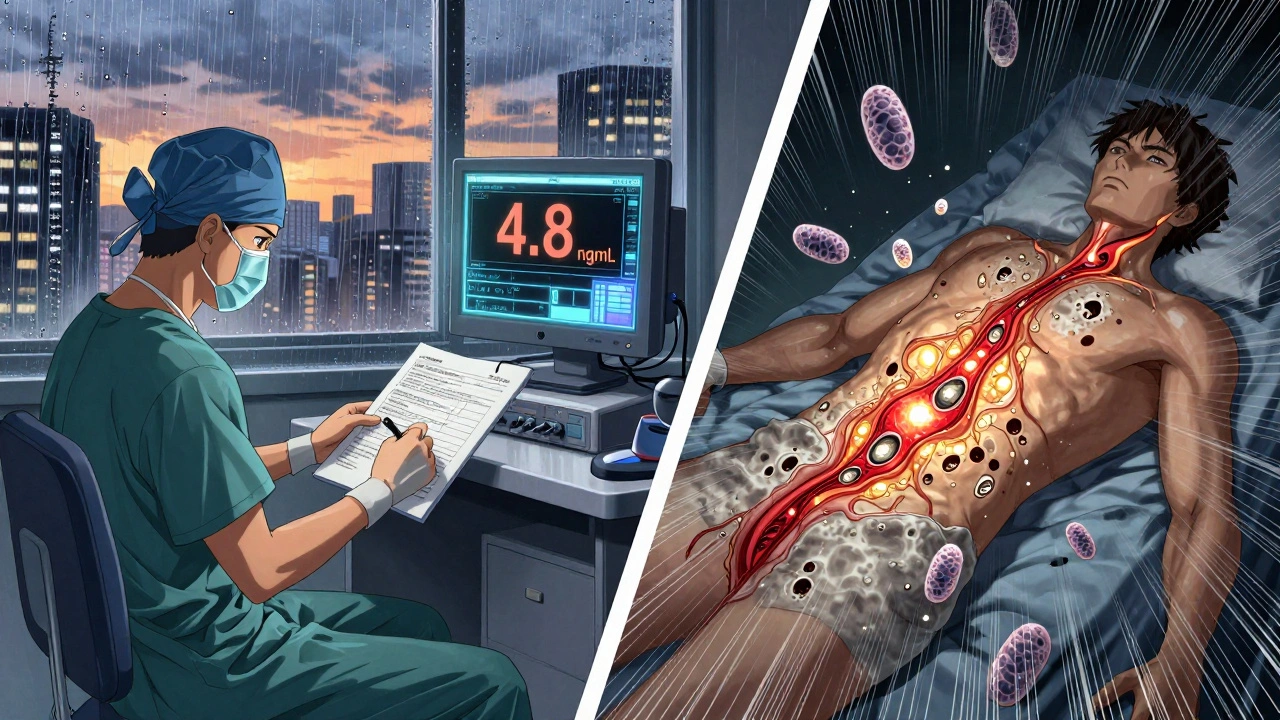 A surgeon reviewing a chart with split visuals of healthy vs. sirolimus-affected wound healing under dawn light.