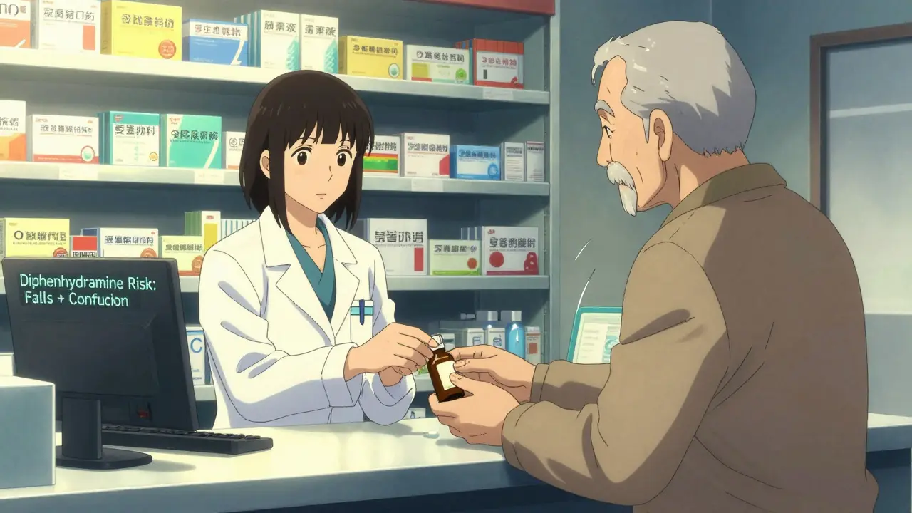 An elderly man receiving advice from a pharmacist as a digital screen displays a fall risk warning.