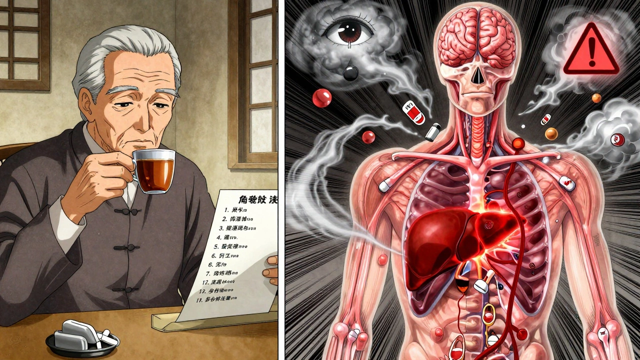 An elderly man with a list of dangerous meds, his body in X-ray showing alcohol damaging liver, brain, and heart.