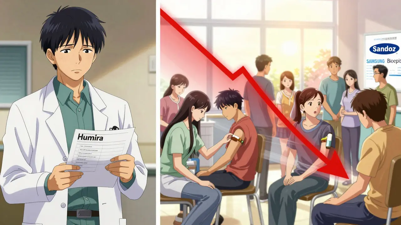 An oncologist and patients receiving biosimilars under a sunrise, with financial graphs fading in the background.